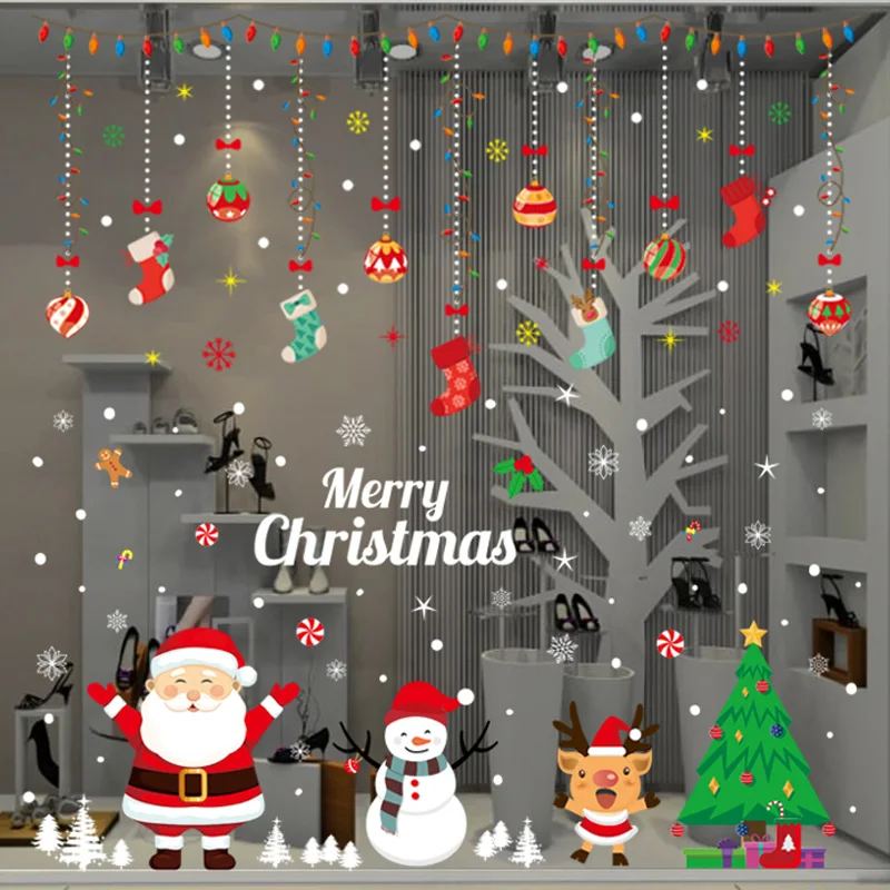 %Glue-free electrostatic wall sticker train snowman Santa Claus Christmas tree gift vinyl pvc sticker decoration Merry Christmas