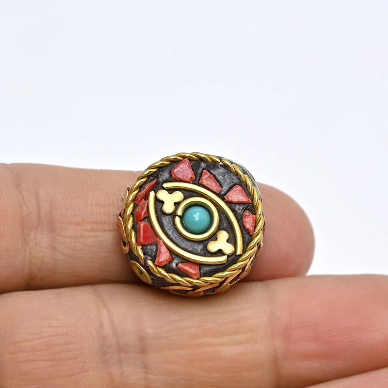 TZ-G02 Antique Nepal Handmade Six-word mantra Brass With Synthetic Coral And Turkey stone Bracelet DIY Bead For Necklace Making