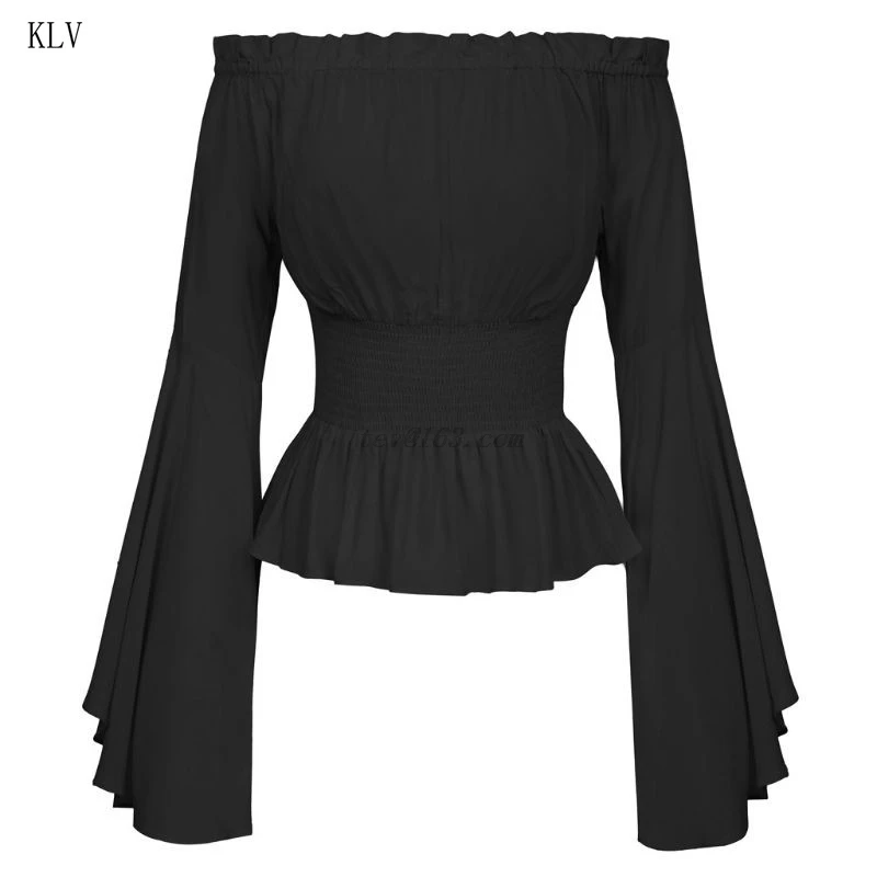 Womens Gothic Renaissance Blouse Flare Sleeves Ruffles Off Shoulder Corset Tops Victorian Cosplay Costume Pirate Shirt