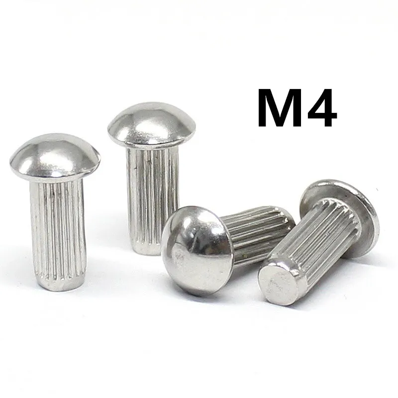 100PCS M4x6/8/10/12/14/16mm 304 Stainless Steel Semi Button Round Head Knurled Shank Solid Rivet GB827 for Label Name Plate