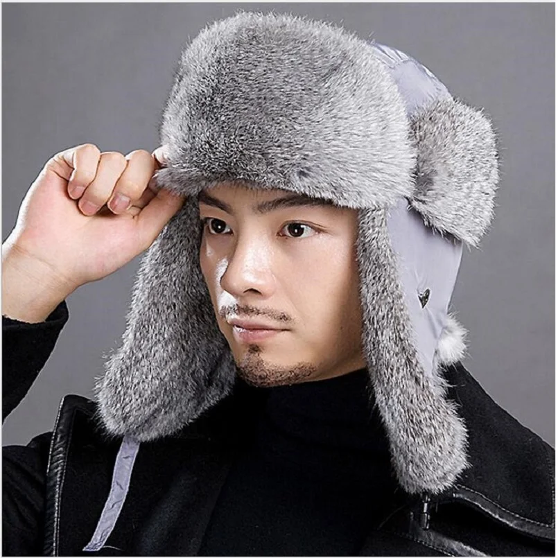 Real rabbit fur hat with earflap winter ushanka russia Men Women unisex Winter Hats Bomber Hat Cossack Trapper Snow-Ski-Cap H115