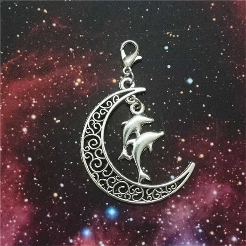 2 Pcs Big Hollow Moon Antique Silver Color Dolphin Clip on Charm Perfect for Necklace and Bracelets