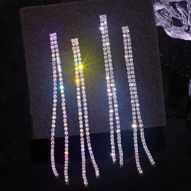 Luxury Long Tassel Full Rhinestone Drop Earrings for Women Bijoux Shiny Crystal Dangle Earring Wedding Party Jewelry Accessories