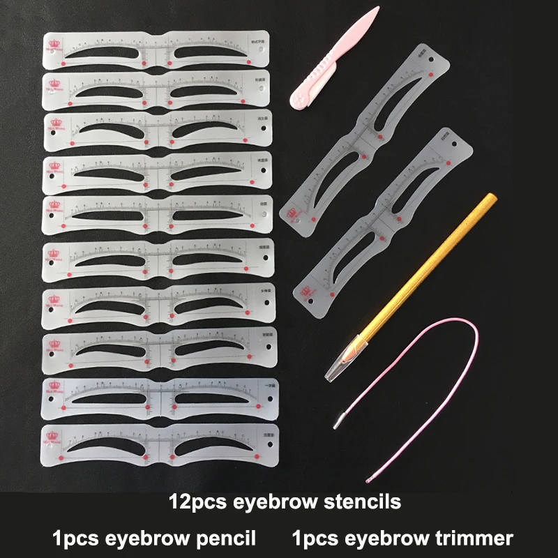 12 shapes Eyebrow Stencil Ruler with head strap Brow Template Shaping Tools Brow Pencil and Razor Makeup Tool Kit PMU Supplies