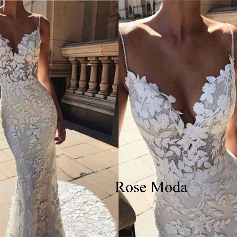 Moda rosa tiras finas v pescoço chantilly laço sereia vestido de casamento baixo v voltar vestido de noiva feito sob encomenda