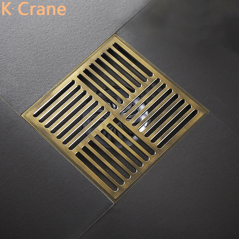 15*15CM Square Brass Floor Drain Bathroom Bath Shower Waste Water Drains Antique Gold Brush Sink Cover Smell Off Hair Stopper