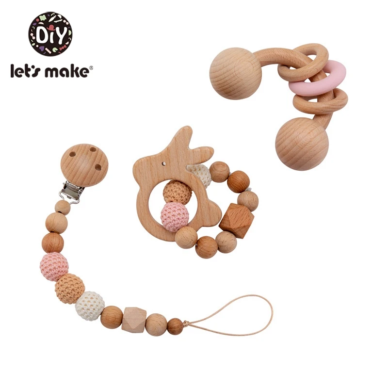 Let's Make 3pc/set Beech Wood Baby Rattley Animal Pacifier Chain Holder For Nipples Mobiles Stroller Accessories Baby Toys