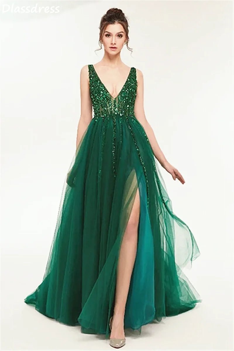 

2020 Dark Green Evening Dress Sexy V-neck Sequin Bead Top Illusion Split A-line Sweep Train Sleeveless Prom Dress فساتين السهرة