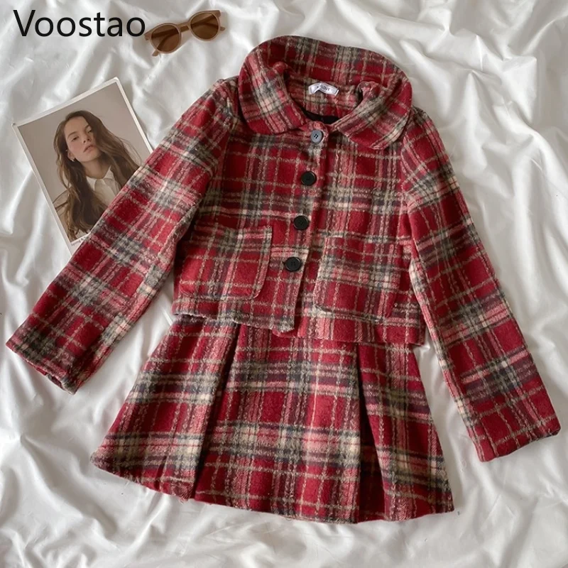 Conjuntos de saia estilo preppy feminino, jaquetas de lã xadrez, mini terno de saia plissada, chique, meninas japonesas, outono, inverno, doce,