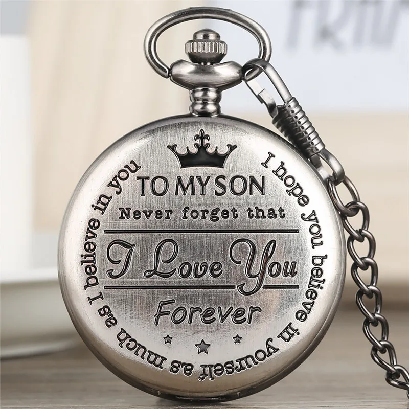 Customized To My Son I Love You Forever Men Boy Watches Analog Quartz Pocket Watch Pendant Chain Roman Numeral Display Present