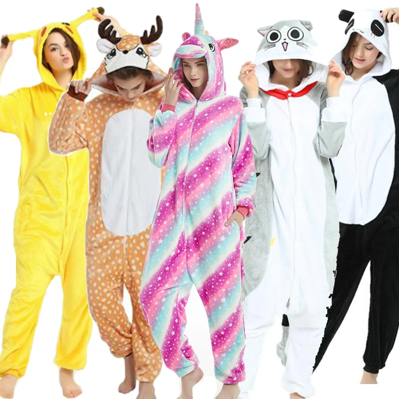 HKSNG Kigurumi Winter Adult Boys Girls Unicorn Onesie Pajama Flannel Cartoon Halloween Party Cosplay Costume Homewear Suits