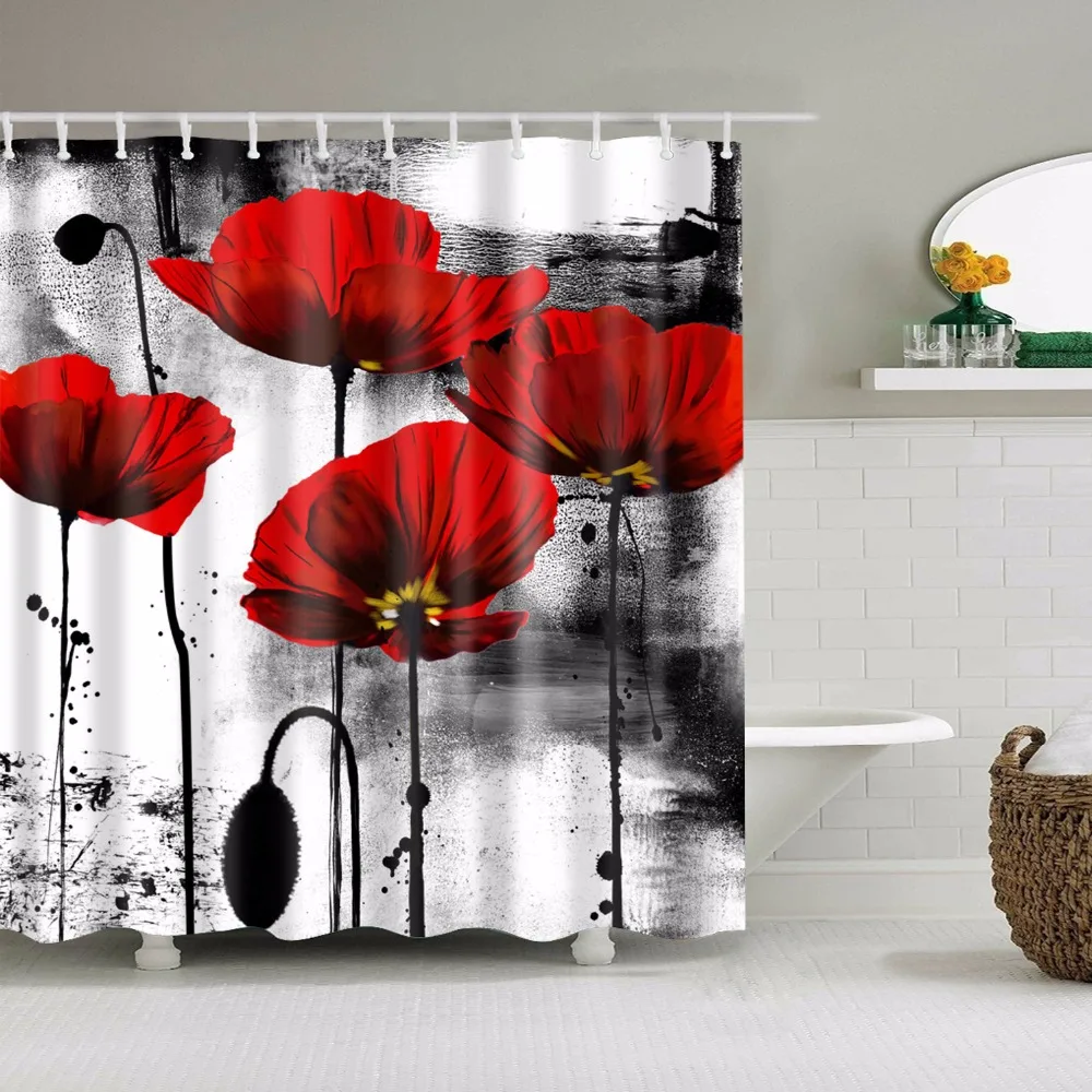 Beautiful Red Rose Peach Blossom Chrysanthemum Flower Shower Curtain Fabric Waterproof Polyester Bath Curtain With Hooks 180X180