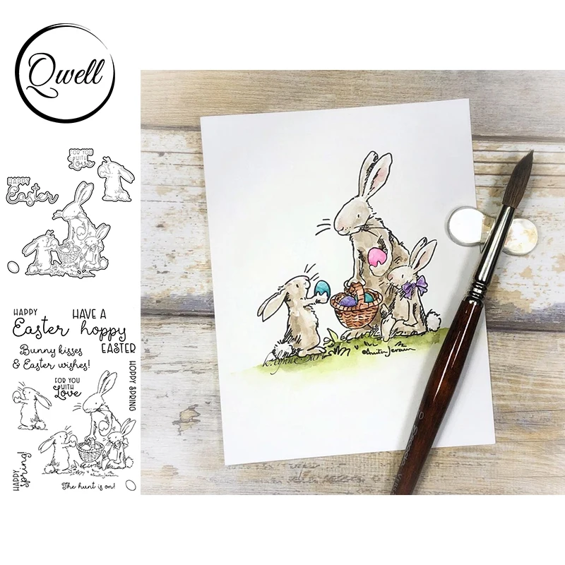 

QWELL Bunnies Cutting Dies With Clear Stamps Happy Easter Wishes Egg Basket DIY Scrapbooking Craft Paper Cards 2021 New