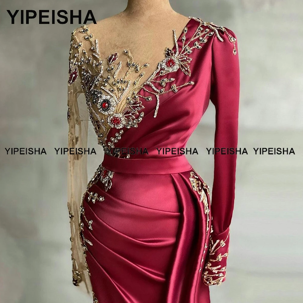 Yipeisha-Vestidos de Noche de manga larga con cuello transparente, vestido asimétrico de satén rojo para graduación, traje de fiesta de sirena de Arabia Saudita hecho a medida