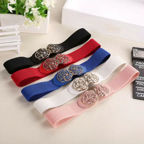 Women New Hot Wide Waist Belt Vintage Metal Flower Elastic Stretch Buckle Waistband Cummerbunds Clothing Accessories Products