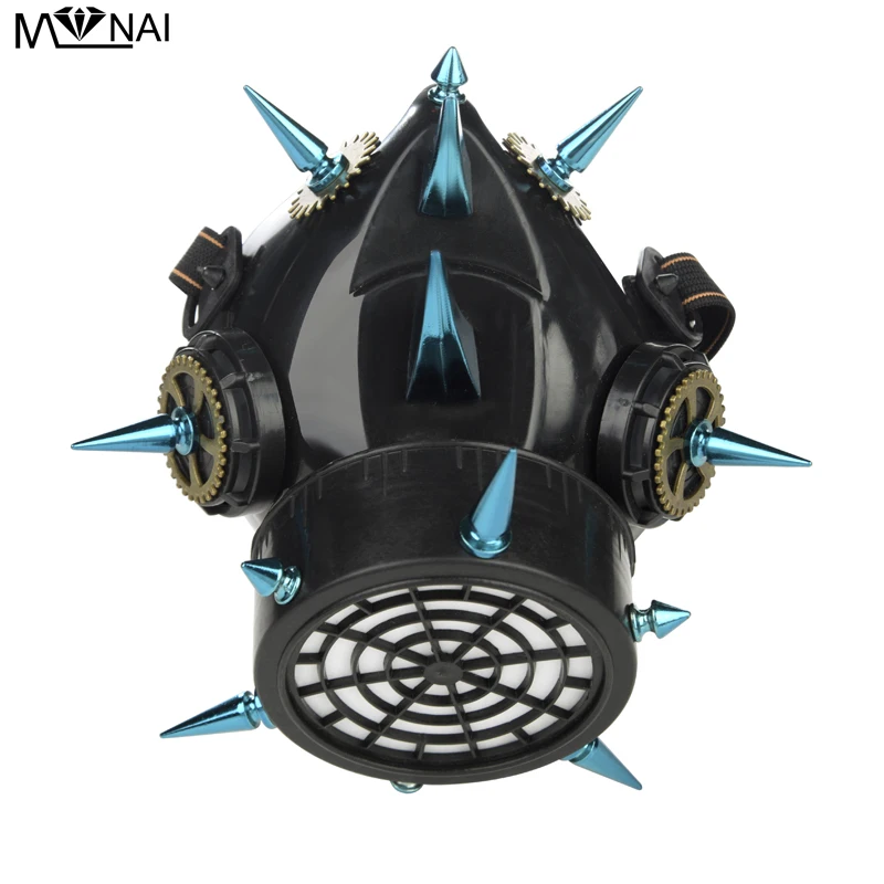 Blue Long Spikes Respirator Mask Steam Punk Clock Cogs Rivets Masks Halloween Costume Mask Accessory