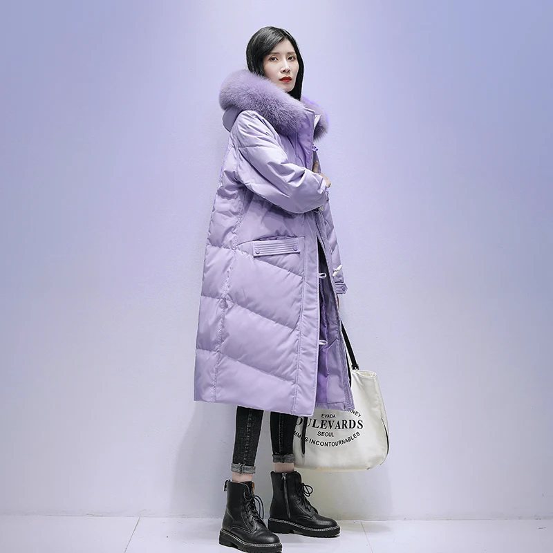 

Purple Down Jackets Women Mid-Length Thick Loose Long Female Coat Fashion Solid Straight Hooded Winter Jackets