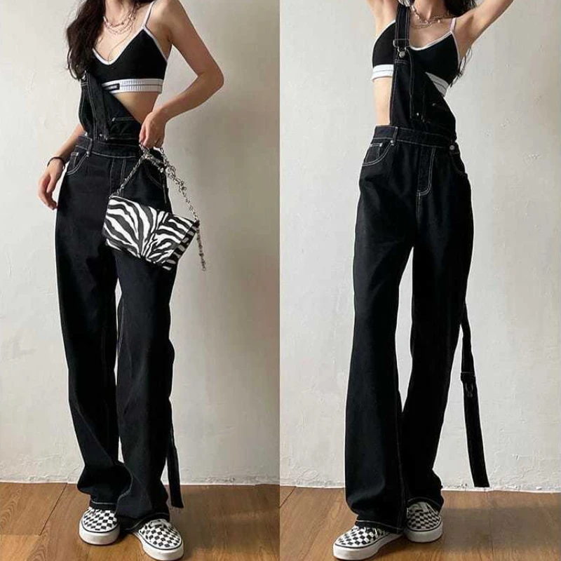 Overalls Frauen Sommer Schwarz Denim Insgesamt Streetwear Wischen Lose Hohe Taille Mode Vintage Casual Harajuku Preppy Mädchen Chic