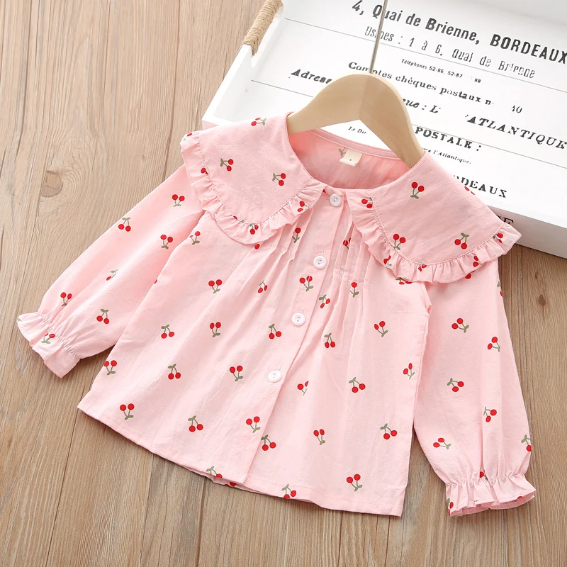 F Girls Blouses Clothes Baby Spring Shirts Toddler Infant Cherry Print Tees Tops 1 2 3 4 Years Kids Cotton Shirt