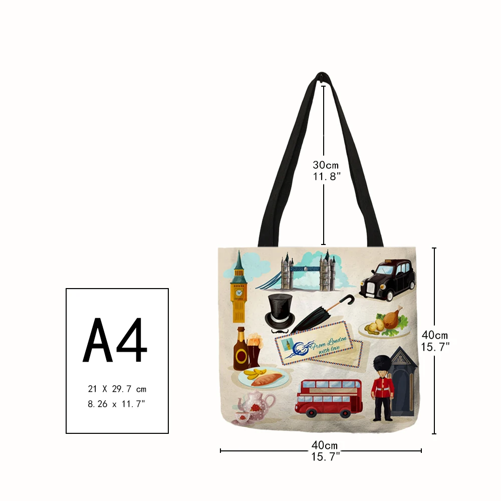 Large Capacity Female Single Shoulder Bag London Famous Landscape Pattern Linen Handbags Casual Foldbable Tote Shopping Bags