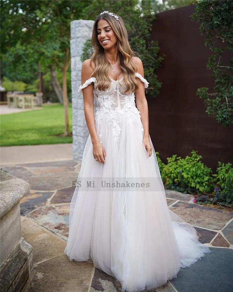 2021 abiti da sposa Sexy Champagne una linea pizzo 3D fiori abiti da sposa Boho abito da sposa spiaggia spalline Casamento