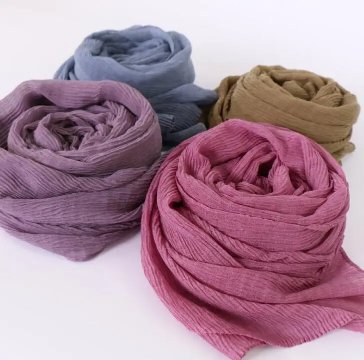 New Arrival Voile Hijab Crinkled Scarf Women Wrinkle Headscarf Plain Soft Shawls Solid Colors Muslim Soft Head Turban 90x180cm