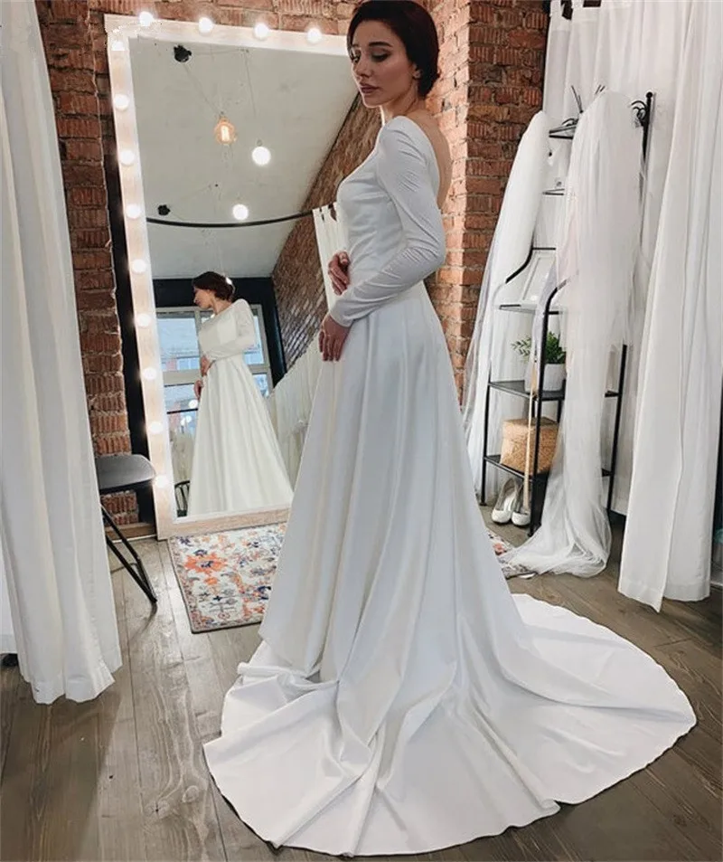 Robe de mariée Simple, dos nu, manches longues, dos nu, nouvelle collection 2020