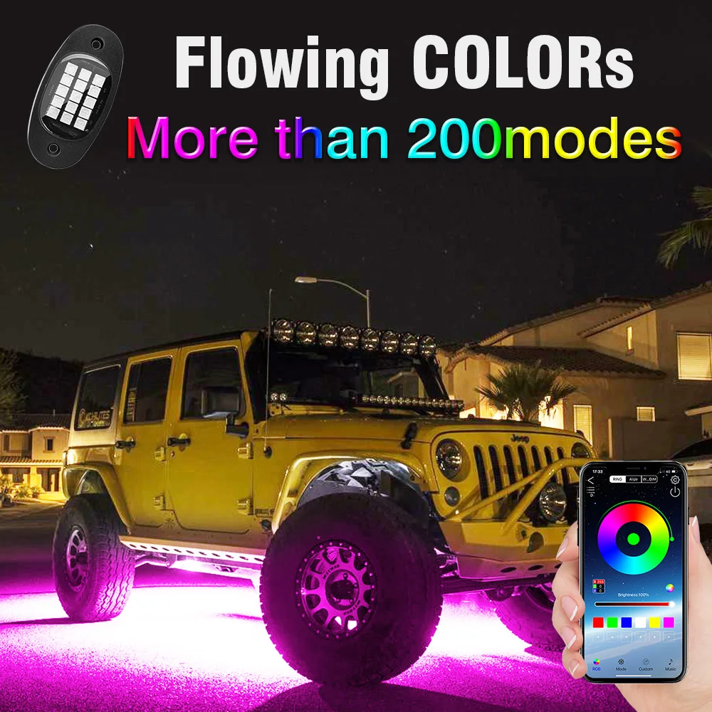 

OKEEN RGB Car LED Underglow Rock Light Underbody Kit With APP Bluetooth Remote Control Atmosphere Neon Lamp For Jeep ATV SUV 24V