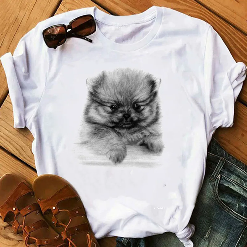 Papillon Dog Golden Retriever Mujer Camisetas 흰색 상의 티셔츠, 그래픽 반팔 티셔츠, 폴리에스터 티셔츠, 여름 미학