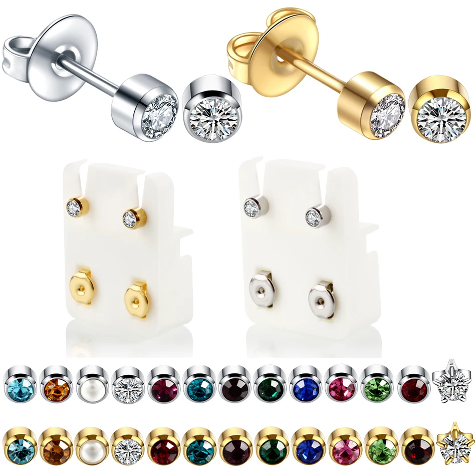 2Pcs/lot Round Crystal Studs Earrings Push Back Stainless Steel Female Earrings Mini Small Childern Earring Pierced for Ear Gun