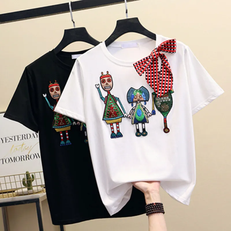 Women Luxurious Embroidery Sequins Cartoon T Shirt Lady O-Neck Short Sleeve Bow Tee Shirt Cotton Casual Tshirt Summer Female Top