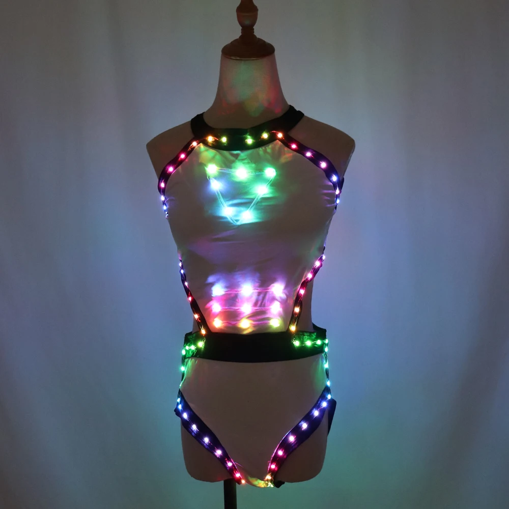 Full Color LED Light Club Dresses LED Sexy Bikini Bra Glow Dance Bar Nightclub GOGO Singer Performance Costume