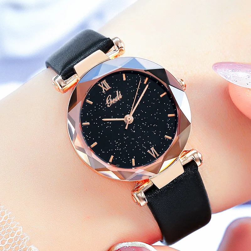 Unique Fashion Rose Gold Women Watches Starry Sky Stylish Red Color Rhombic Dial Elegant Lady Wristwatch GEDI Brand Quality Hour