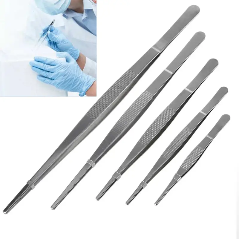 6 Sizes Toothed Tweezers Barbecue Stainless Steel Long Food Tongs Straight Home Medical Tweezer Garden Kitchen BBQ Tool 3pc/Set