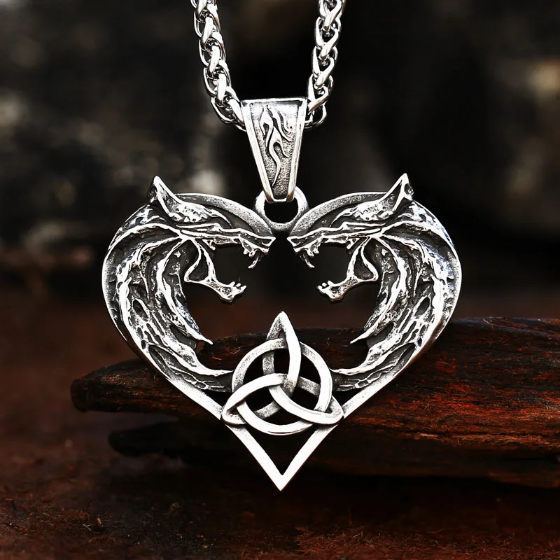 BEIER Double wolves Heads Animal pendant Heart Amulet viking Amulet necklace for man guardian choker Jewelry BP8-596