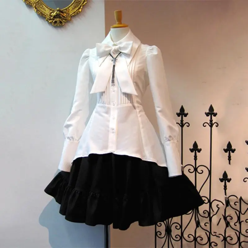 2024 Summer Elegant Party Black Gothic Women Lolita Dresses Big Size Bow Collar Pleated Lace Up Goth Vintage White Chic Jurken