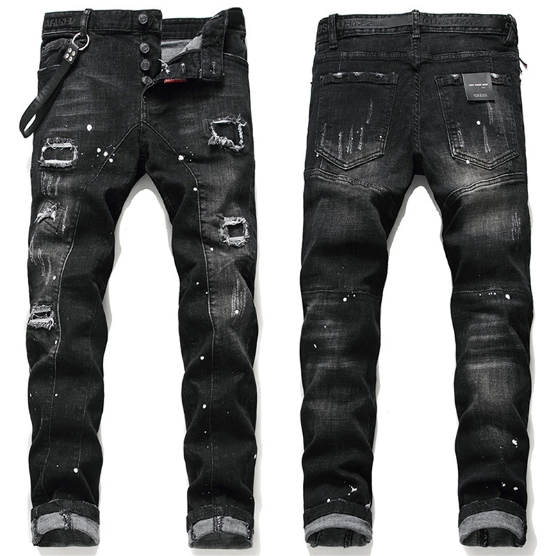 

Men’s Luxury Classic Black Jeans,Slim-fit Stretch Denim Pants,Stylish Distressed Casual Pants,Youth Fashion Must;