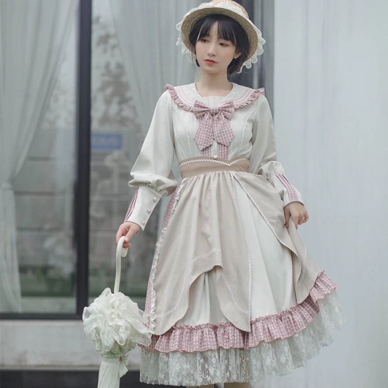 Preppy style student fresh sweet lolita Navy collar lady  pastoral daily autumn  winter soft girl dress kawaii girl  loli cos