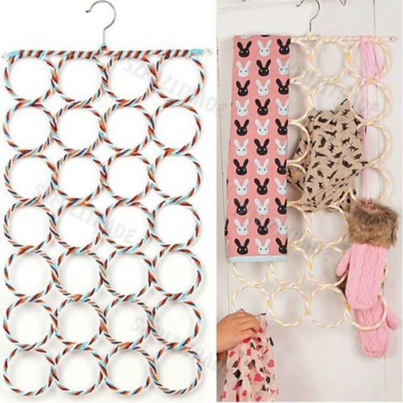 28-hole Ring Rope Slots Holder Hook Scarf Wraps Shawl Storage Hanger Organizer Random Color