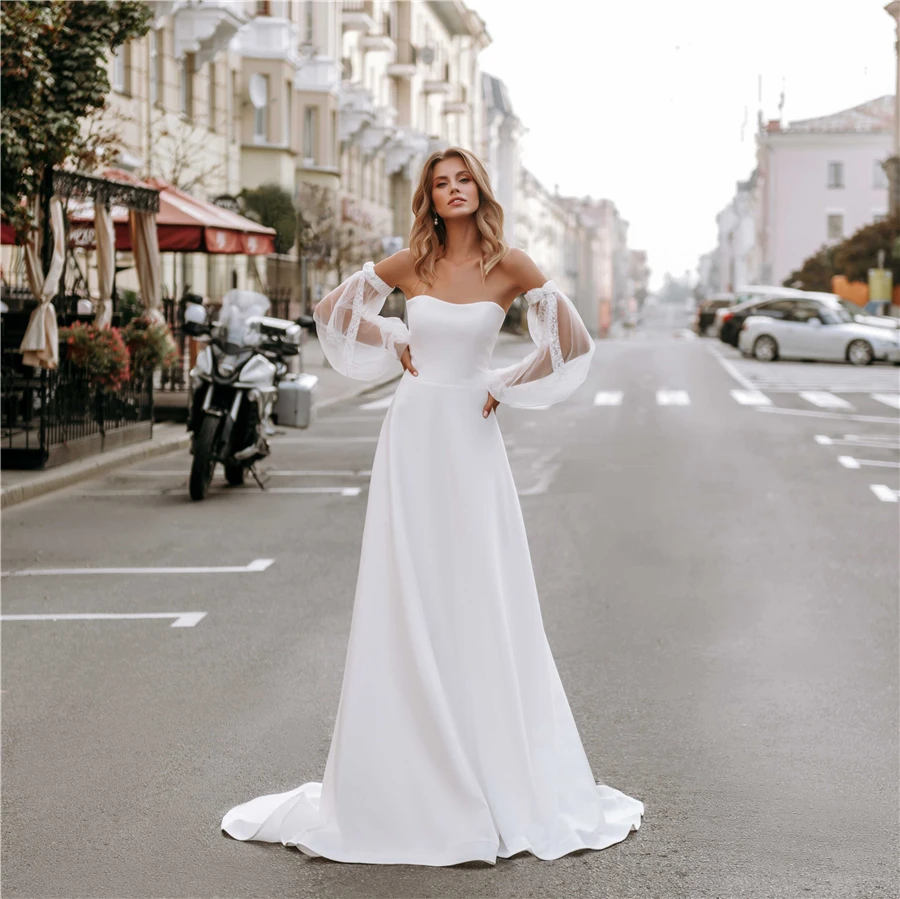 

Strapless A-line Plain Satin Wedding Dress with Detachable Long Sleeves Simple Bridal Dress robe de mariee princesse de luxe