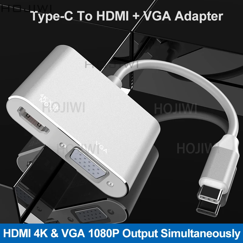 HOJIWI 2 In 1 Type C Hub docking station To HDMI 4K VGA  Adapter USB 3.1 Splitter Port Type C HUB for Mackbook aIr laptop AA15