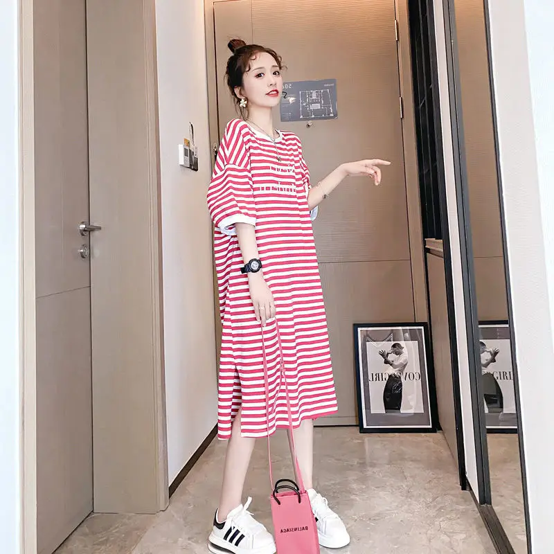 Spring Summer Mid-length Dress T-shirt Stripes Chic and Elegant Dresses for Women Korean Women\'s Clothes Harajuku Trendyol Basic