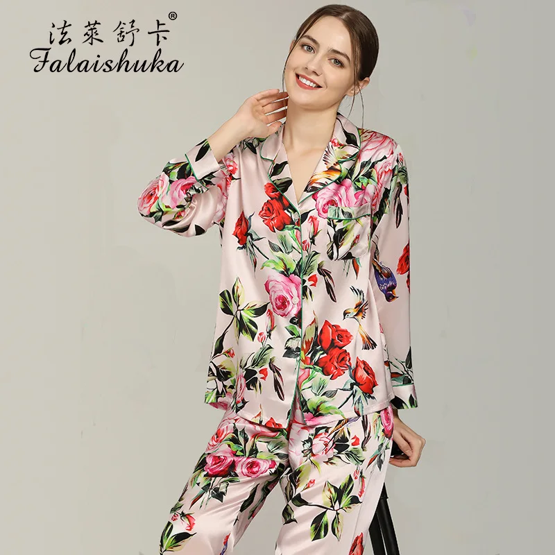 

19 Momme 100% genuine silk pajamas sets women sleepwear Korean Elegant Flowers fashion Mulberry Silk womens pyjamas T8127_ZB