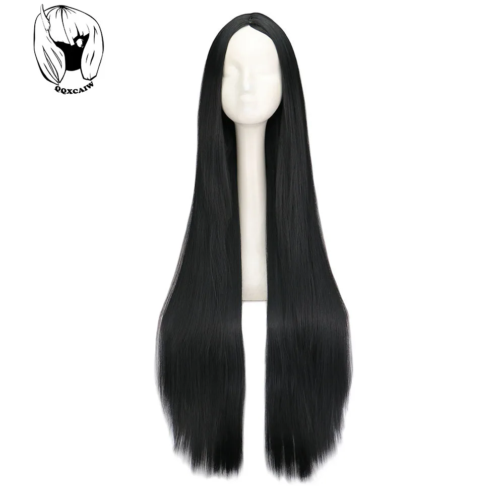 QQXCAIW czarna peruka 100CM/40 cali peruki z długimi włosami syntetyczny żaroodporny Halloween karnawałowy kostium Cosplay proste włosy