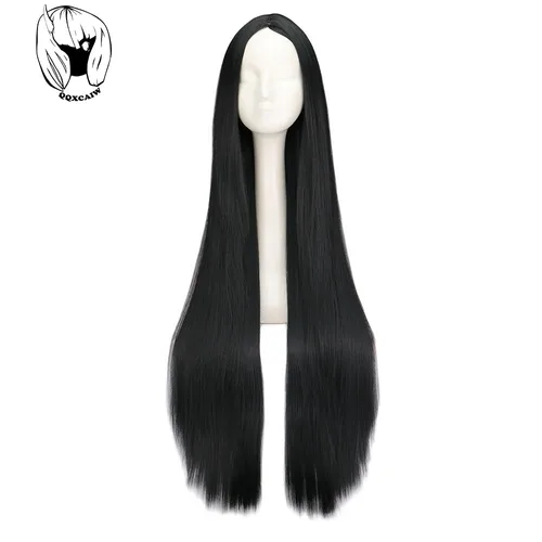 Peluca negra de 100CM/40 pulgadas de largo, pelucas sintéticas resistentes al calor, disfraz de Carnaval de Halloween, pelo liso para Cosplay