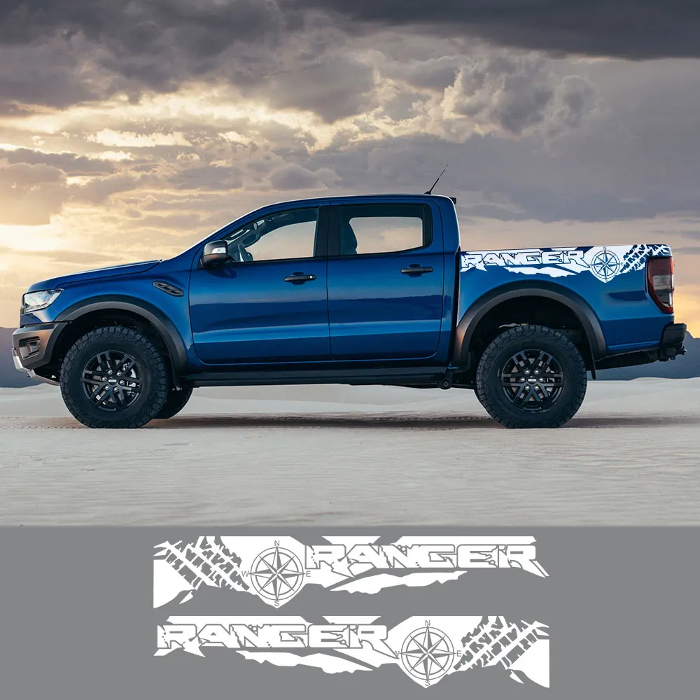 2PCS Car Stickers Tire Print Compass Adventure Off Road Auto Tail Vinyl Graphics Decal For Ford Ranger Raptor Pickup Accessories