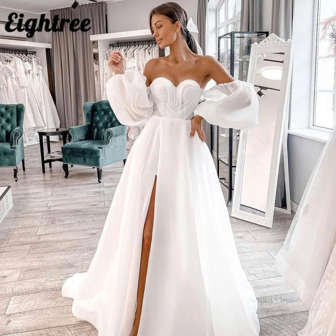 Eightree White Wedding Dresses 2022 Puff Sleeves High Split Bridal Dress Sexy A-Line Backless Princess Wedding Gowns Plus Size