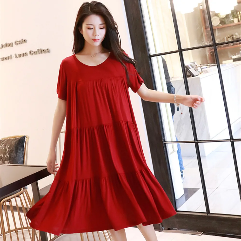 

Women Nightgowns Casual Nightwear Solid Short Sleeves Nightshirts V-Neck Loose Sleepwear Female Modal Sleeping Dress Home