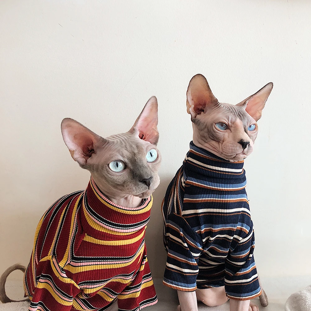 Cat Clothes for Sphinx Hairless Cat Clothes Striped Clothing Warm Knitted Shirt Pet Clothes Cat Supplier XS to XL