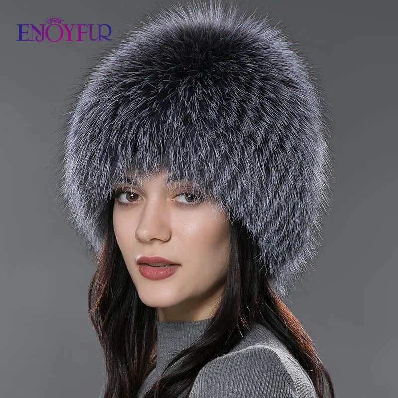 ENJOYFUR women winter fur hat genuine fox fur hats knitted silver fox fur caps female russian bomer caps